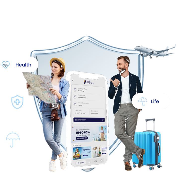 Travelers with Safe Journey travel insurance app on a smartphone, Health and Life coverage highlights